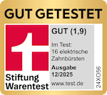Grafik: Gut getestet
Stiftung Warentest  GUT (1,9)
Im Test: 16 elektrische Zahnbürsten
Ausgabe 12/2025
www.test.de
Lizenznummer 24XO56