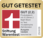 Grafik: Gut getestet
Stiftung Warentest GUT (2,2)
Produktgleich mit iO Series 2 Night Black
Im Test: 16 elektrische Zahnbürsten
Ausgabe 12/2025
www.test.de
Lizenznummer: 25HX26
