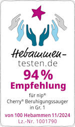 Graafik: Hebammen-testen.de 94 % Empfehlung für nip Cherry Beruhigungssauger in Gr. 1 von 100 Hebammen 11/2024 LZ.Nr. 1001790