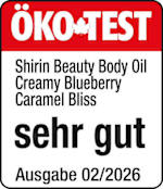 Ökotest-Siegel sehr gut. Shirin Beauty Body Oil creamy blueberry caramel bliss sehr gut, Ausgabe 02/2026