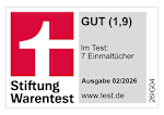 Rechts daneben ist ein graues Feld mit folgenden Angaben in schwarzer Schrift:

„GUT (1,9)“ — die Bewertung des Produkts ist gut mit der Note 1,9.
Darunter steht: „Im Test: 7 Einmaltücher“ — getestet wurden sieben Einmaltücher.
Weiter unten steht: „Ausgabe 02/2026“ — die Testausgabe ist von Februar 2026.
Ganz unten ist die Webseite „www.test.de“ angegeben.
Am rechten Rand steht eine Kennung: „26IG04“.

Das Prüfsiegel zeigt, dass das getestete Produkt laut Stiftung Warentest ein gutes Ergebnis erzielt hat.