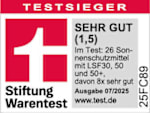 Testsieger Stiftung Warentest SEHR GUT (1,5) Im Test: 26 Sonnenschutzmittel mit LSF 30,050 und 50+, davon 8x sehr gut Ausgabe 07/2025 www.test.de Prüfziffer 25FC89