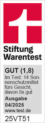 Stiftung Warentest GUT (1,8) Im Test: 14 Sonnenschutzmittel fürs Gesicht, davon 8x gut. Ausgabe 04/2025 www.test.de - Lizenznummer 25VT51