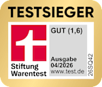 Grafik: Testsieger Gut (1,6) Stiftung Warentest Ausgabe 04/2026 www.test.de 26SQ42