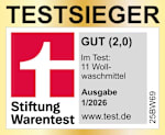TESTSIEGER GUT (2,0) Im Test: 11 Wollwaschmittel Ausgabe 1/2026 Stiftung Warentest www.test.de 25BW69
