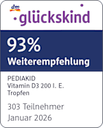 dm 
glückskind
93% Weiterempfehlung
PEDIAKID Vitamin D3 200 I.E.
Tropfen
303 Teilnehmer
Januar 2026