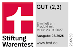 Logo: Stiftung Warentest (weißes t auf rotem Hintergrund) GUT (2,3) Ermittelt am Produkt mit MHD: 23.01.2027 Ausgabe 03/2026 www.test.de 26XV59