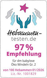 Hebammen testen.de 97 % Empfehlung für dm babylove Öko Windeln Größe 2 von 100 Hebammen 01/2026 Liz. Nr. 1001829