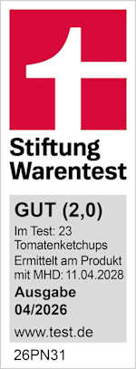 Stiftung Warentest
GUT (2,0)
Im Test: 23 Tomatenketchups
Ermittelt am Produkt mit MHD: 11.04.2028
Ausgabe 04/2026
www.test.de
26PN31