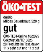 ÖKO-TEST

dmBio
Mildes Sauerkraut, 520 g

gut

ÖKO-TEST-Online 10/2025
Oekotest.de/TE15825
28 Produkte im Test, davon
11 x sehr gut und 11 x gut