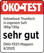ÖKO-TEST

followfood Thunfisch
in eigenem Saft
185g/130g

sehr gut

öko-TEST-Magazin
8/2025