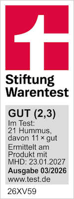 Stiftung Warentest

GUT (2,3)
Im Test:
21 Hummus,
davon 11 × gut
Ermittelt am
Produkt mit
MHD: 23.01.2027
Ausgabe 03/2026
www.test.de

26XV59