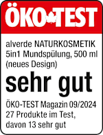 Zeitschriftencover des ÖKO-TEST Magazins vom September 2024. Oben befindet sich ein roter Bereich mit dem weißen Schriftzug „ÖKO-TEST“ und einem weißen Blatt-Symbol. Darunter steht: „alverde NATURKOSMETIK 5in1 Mundspülung, 500 ml (neues Design)“. In großer schwarzer Schrift wird das Testergebnis „sehr gut“ hervorgehoben. Unten steht: „ÖKO-TEST Magazin 09/2024 – 27 Produkte im Test, davon 13 sehr gut“.