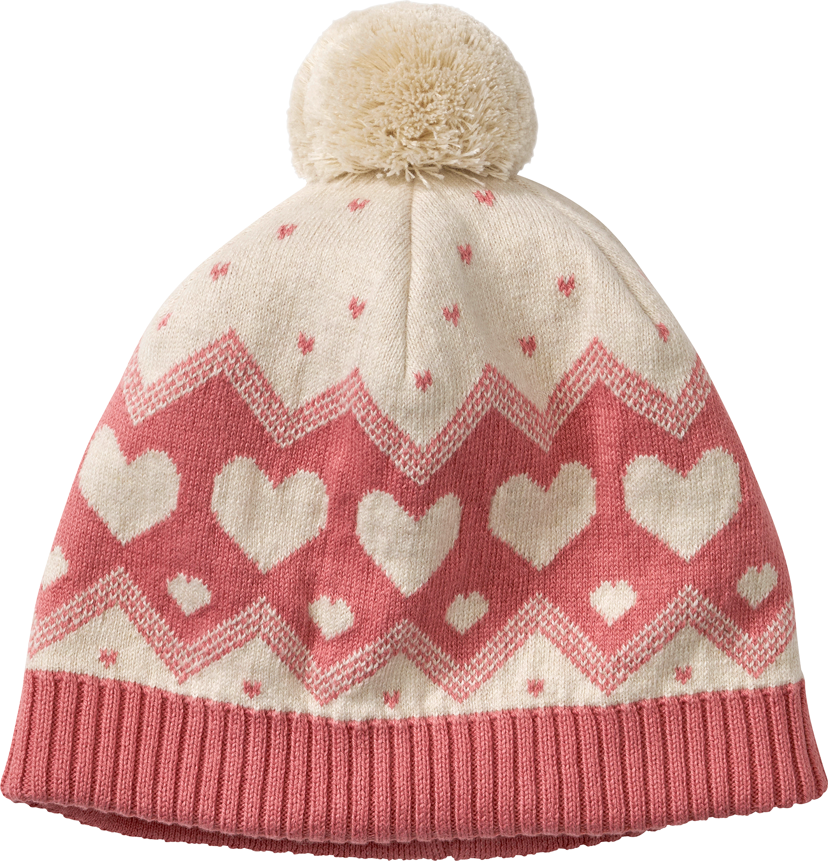 Mütze mit Bommel & Herz-Muster, rosa & beige, Gr. 48/49
