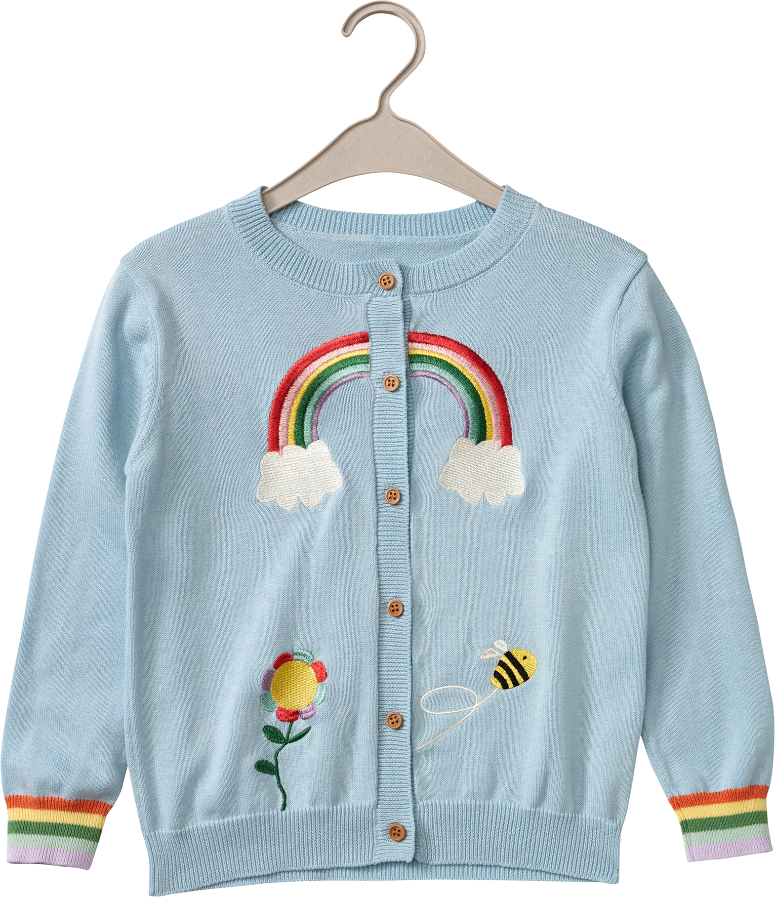Strickjacke mit Regenbogen- & Bienen-Motiv, blau, Gr. 98
