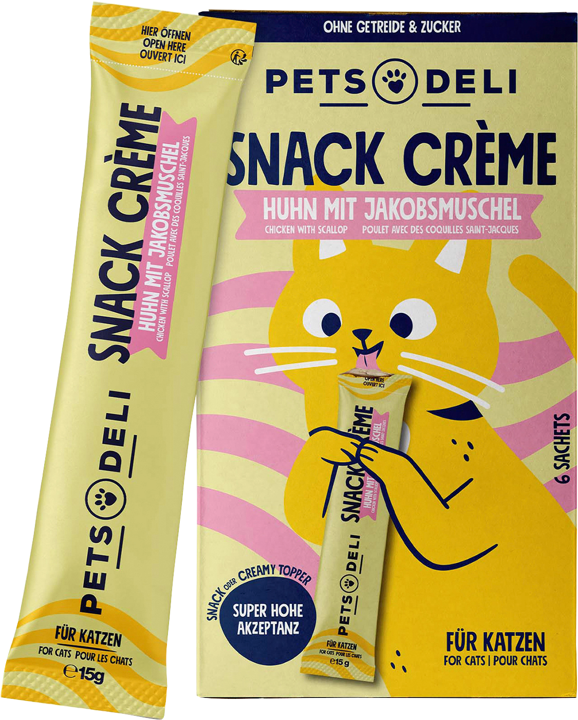 الحيوانات الأليفة من Pets Deli — Katzenleckerli Cremesnack Huhn mit Jakobsmuschel (6x15 g)