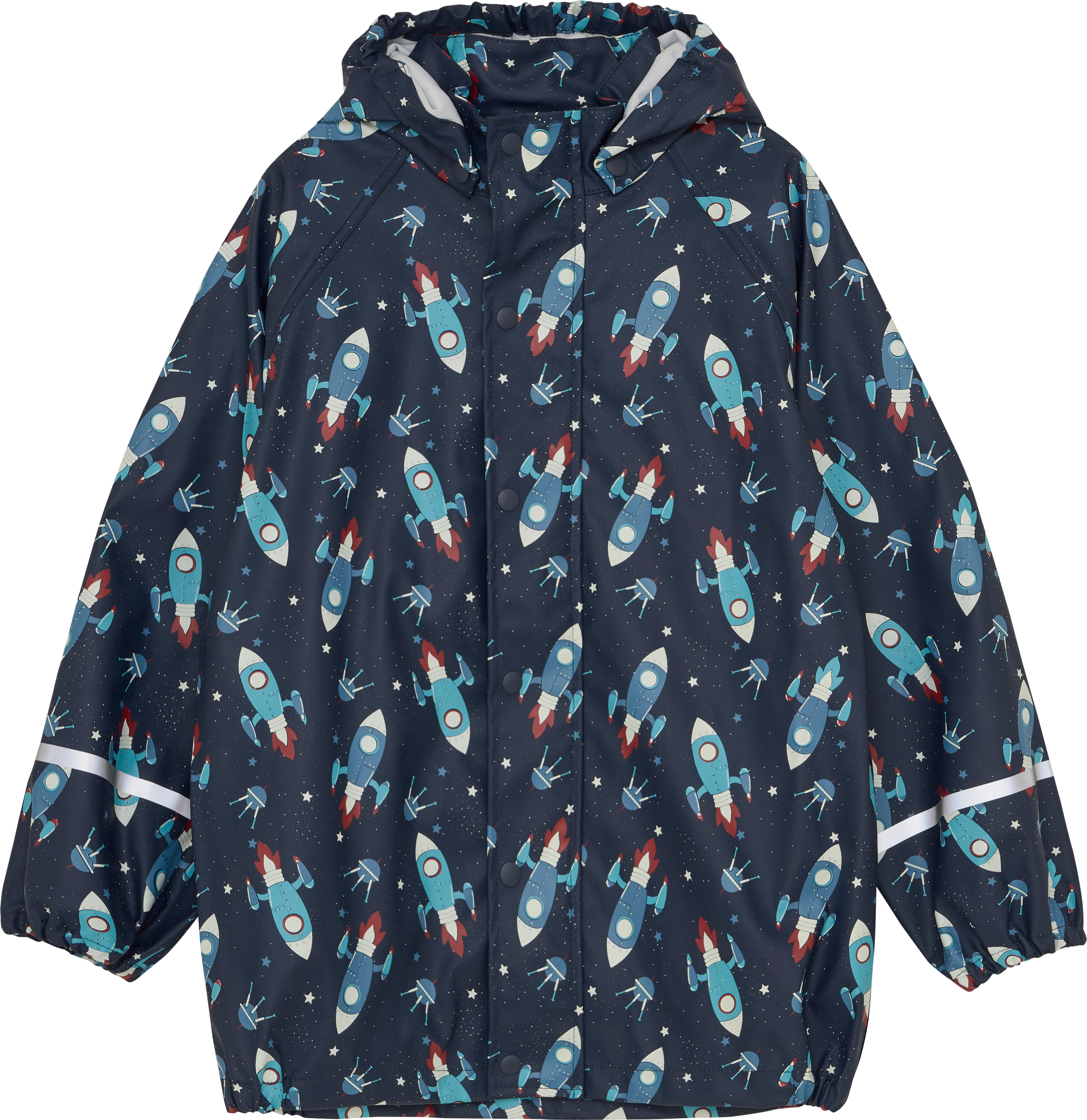 Regenjacke mit Raketen-Muster, blau, Gr. 134/140