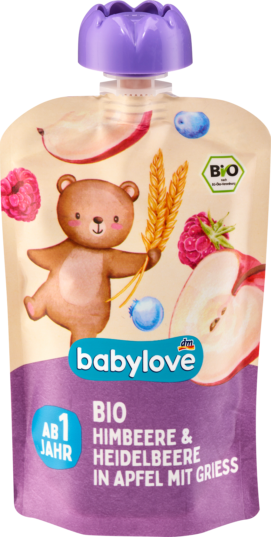 الأطفال والرضع من babylove — Quetschie Himbeere & Heidelbeere in Apfel mit Grieß ab 1 Jahr