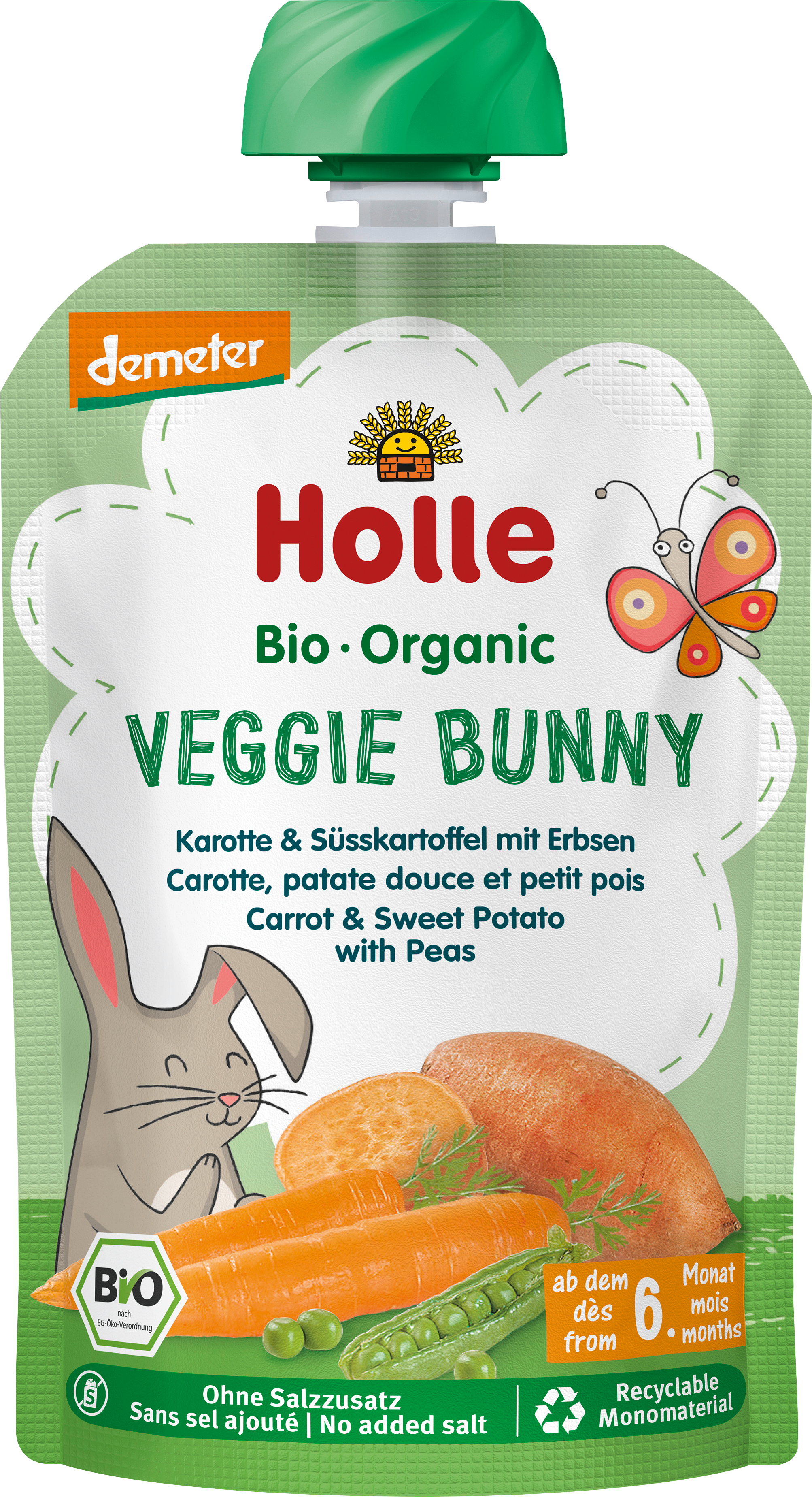 الأطفال والرضع من Holle — Quetschie Veggie Bunny, Karotte, Süsskartoffel mit Erbsen ab 6 Monaten